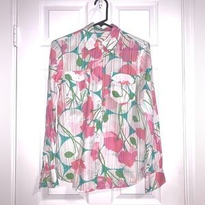Lilly Pulitzer Button Up Women Floral Resort Cruise Shirt Metallic Stripe Small